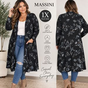 Massini Womens 1X Black Floral Long Duster Cardigan Open Front Ribbed Boho